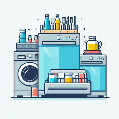 Laundry service and washing machine. Vector illustration in flat styleのイラスト素材