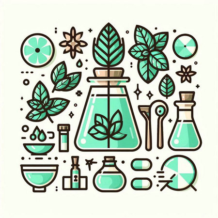 Herbal medicine. Alternative medicine. Vector line art icons set.のイラスト素材