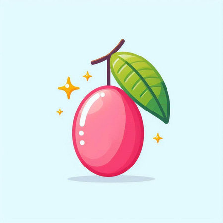 Vector illustration of pink plum with green leaves on light blue background.のイラスト素材