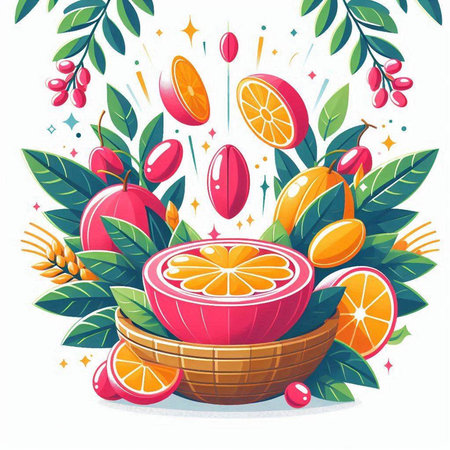 Fruit basket with oranges, berries and leaves. Vector illustration.のイラスト素材