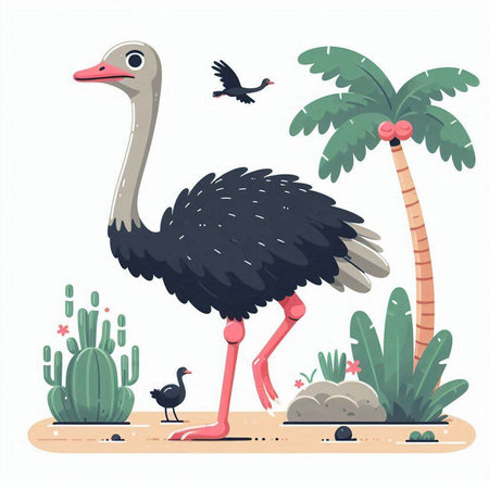 Ostrich on the beach. Vector illustration in cartoon style.のイラスト素材