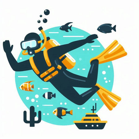 Scuba diving vector illustration. Cartoon scuba diver swimming in the sea.のイラスト素材