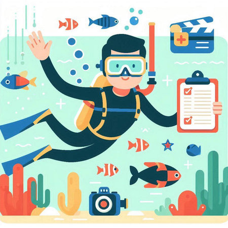 Scuba diving flat vector illustration. Cartoon scuba diver character with equipment and equipment.のイラスト素材