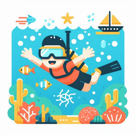 Scuba diving. Underwater world. Flat style vector illustration.のイラスト素材