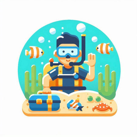 Scuba diving flat vector illustration. Cartoon diver with mask and snorkel on sandy beachのイラスト素材