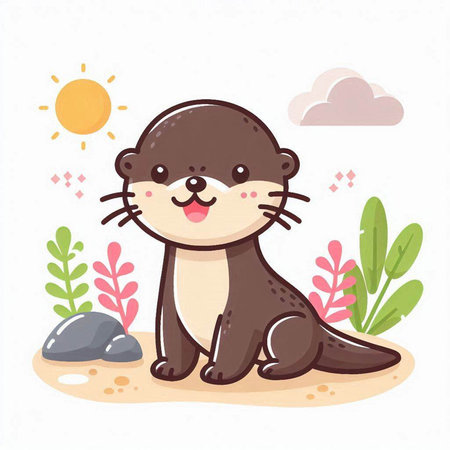 Cute otter sitting on the sand. Vector illustration in cartoon style.のイラスト素材