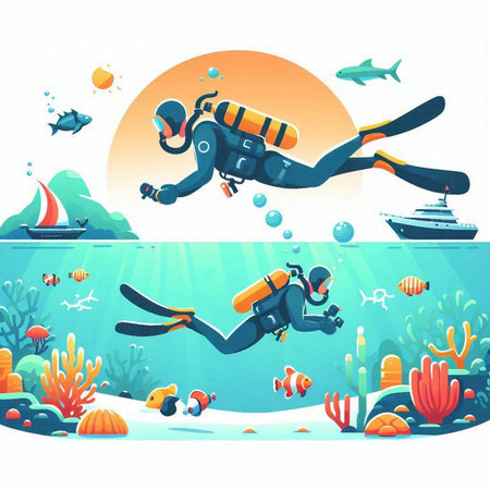 Scuba diving in the sea. Underwater world. Vector illustrationのイラスト素材