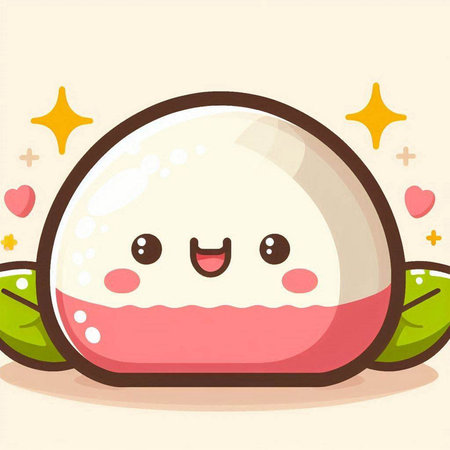 Illustration of a Smiling Mochi Mochi with Green Leavesのイラスト素材