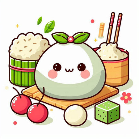 Kawaii rice ball on a plate with chopsticks. Vector illustration.のイラスト素材