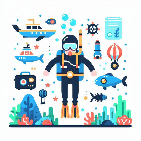 Scuba diving flat vector illustration. Scuba diver with equipment.のイラスト素材