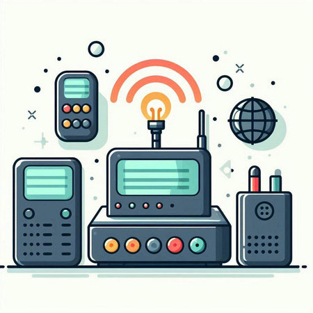Vector illustration of a set of modern flat design electronic devices. Radio, tablet, mobile phone, router, radio receiver.のイラスト素材