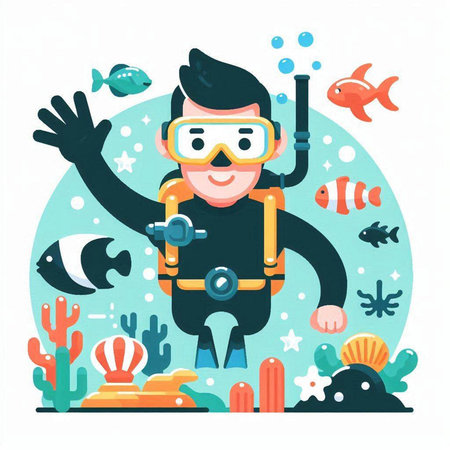 Cute boy scuba diving vector illustration. Childish flat style design.のイラスト素材