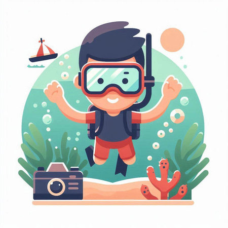 Boy with scuba diving mask and camera. Flat style vector illustration.のイラスト素材