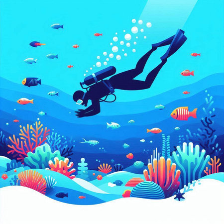 Scuba diver in the sea. Underwater world. Vector illustration.のイラスト素材