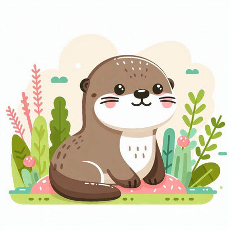 Cute otter sitting on the ground in the garden. Vector illustration.のイラスト素材