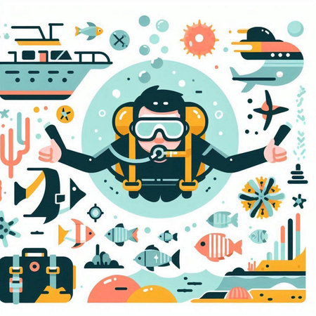 Scuba diving poster. Vector illustration of scuba diver with equipment.のイラスト素材