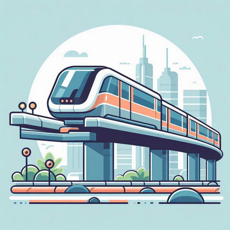 Modern high-speed train on the background of the city. Vector illustrationのイラスト素材