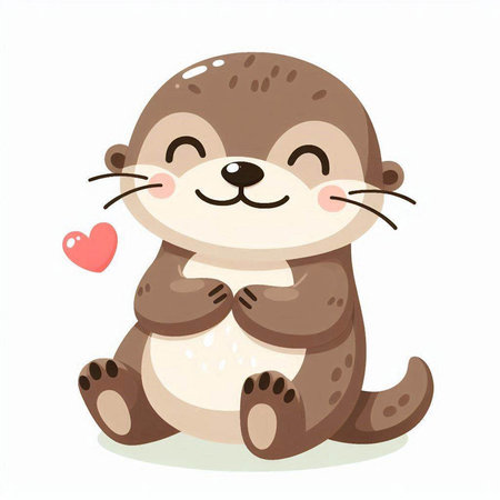 Cute cartoon otter sitting and holding heart. Vector illustration.のイラスト素材