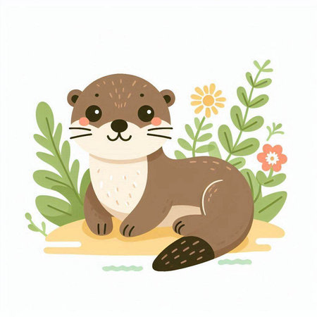 Cute otter sitting on the sand with flowers. Vector illustration.のイラスト素材
