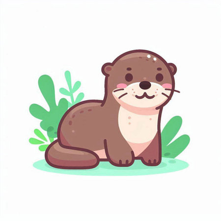 Cute otter sitting on grass. Vector illustration in cartoon style.のイラスト素材