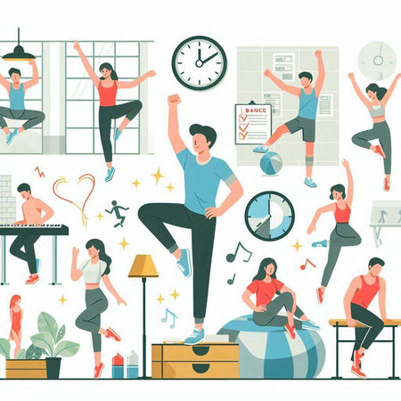 Fitness, yoga and healthy lifestyle concept with people doing exercises at home vector illustrationのイラスト素材