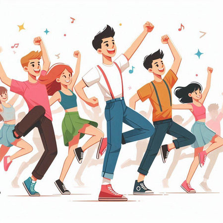Group of happy young people dancing and having fun. Vector illustration.のイラスト素材