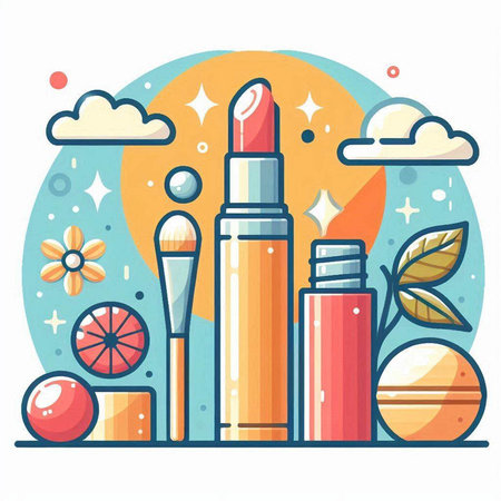 Vector illustration of decorative cosmetics in flat style. Lipstick, mascara, eyeshadow palette, lip gloss, powder, ball.のイラスト素材