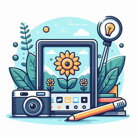 Vector illustration of stylized tablet with flower, camera and magnifierのイラスト素材