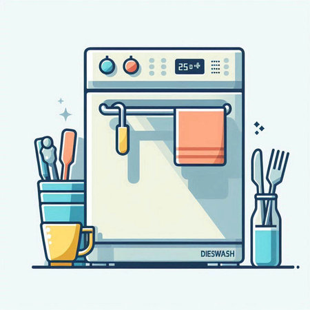 Kitchen appliances. Dishwasher, cutlery, coffee cup, knife and brush. Vector illustration.のイラスト素材
