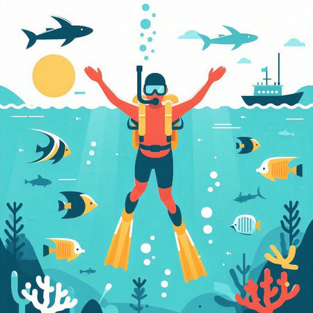 Scuba diving and snorkeling vector illustration. Flat style.のイラスト素材