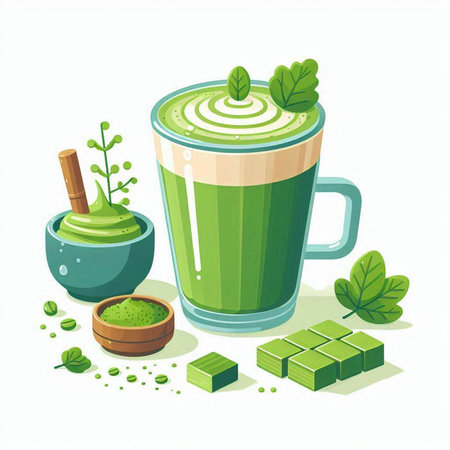 Matcha latte with green tea and mint leaves. Vector illustration.のイラスト素材