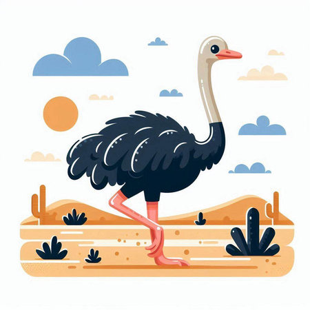 Ostrich in the desert. Cute cartoon vector illustration.のイラスト素材