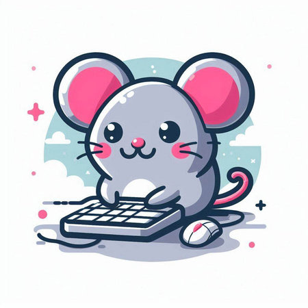 Cute mouse cartoon with computer keyboard. Vector illustration in flat style.のイラスト素材