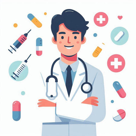 Doctor with a stethoscope and pills. Vector illustration in flat styleのイラスト素材
