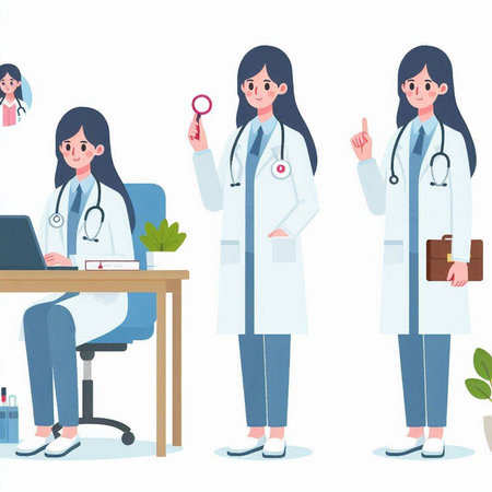 Female doctor in white coat and stethoscope. Vector illustration.のイラスト素材
