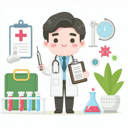 Male doctor with a set of medical equipment. Vector illustration in cartoon style.のイラスト素材