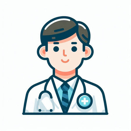Doctor icon. Male character in medical uniform with stethoscope and cap. Vector illustrationのイラスト素材