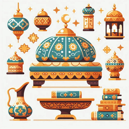 Set of eid mubarak islamic objects. Vector illustrationのイラスト素材