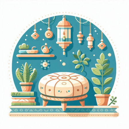 Lanterns, lamps and plants on blue background. Vector illustration.のイラスト素材