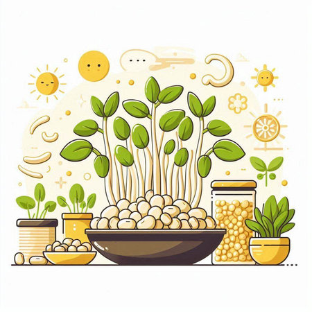 Soybean sprouts in pot. Vector illustration of healthy food.のイラスト素材