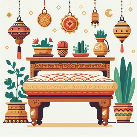 Vector illustration of a cozy interior with a bed, cacti and potted plants.のイラスト素材