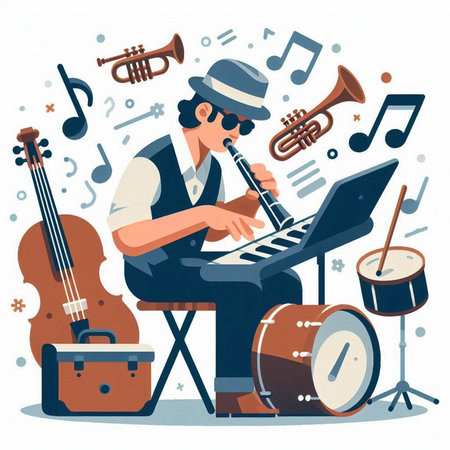 Musician playing on musical instruments. Vector illustration in cartoon style.のイラスト素材