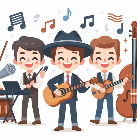 Vector illustration of a group of men playing musical instruments and singing.のイラスト素材