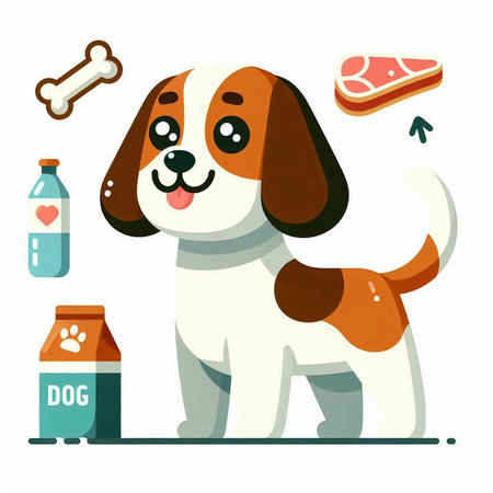 Dog breed vector illustration. Cartoon doggy character with food and drink.のイラスト素材