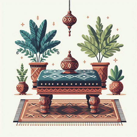Vector illustration of the interior of the living room in oriental style.のイラスト素材