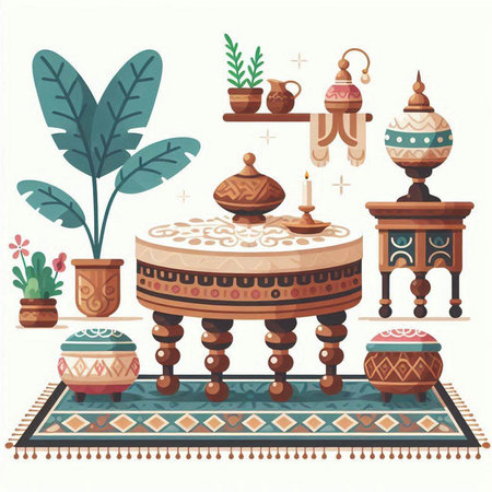 Ceramic table and chairs in the interior. Vector illustration.のイラスト素材