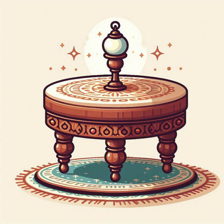 Illustration of a round wooden table with a lamp on it.のイラスト素材