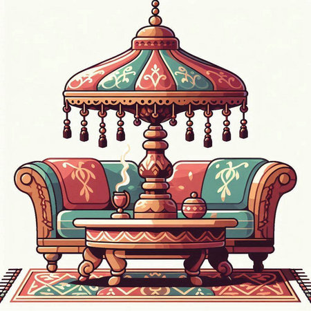Vector illustration of a vintage armchair in oriental style. Suitable for greeting card, poster and banner.のイラスト素材