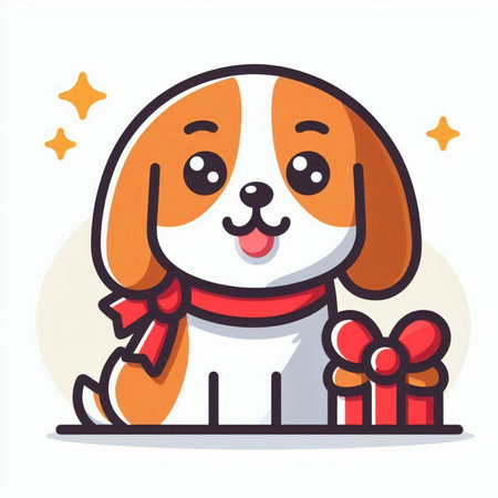 Cute cartoon dog with a gift. Vector illustration in a flat style.のイラスト素材