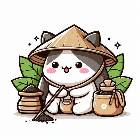 Illustration of Cute Cat Mascot Character Picking Seedsのイラスト素材